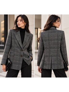 Something Navy 100% Wool Glen Plaid Blazer Gray Made in Italy XS